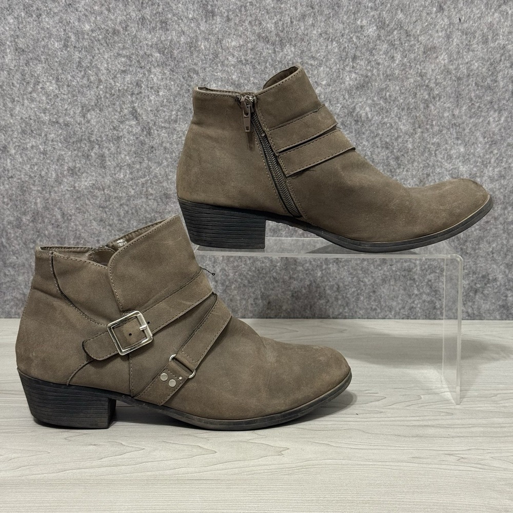 Me Too Angel Ankle Boots Women's Size 10M Taupe Faux Suede Buckle Strap